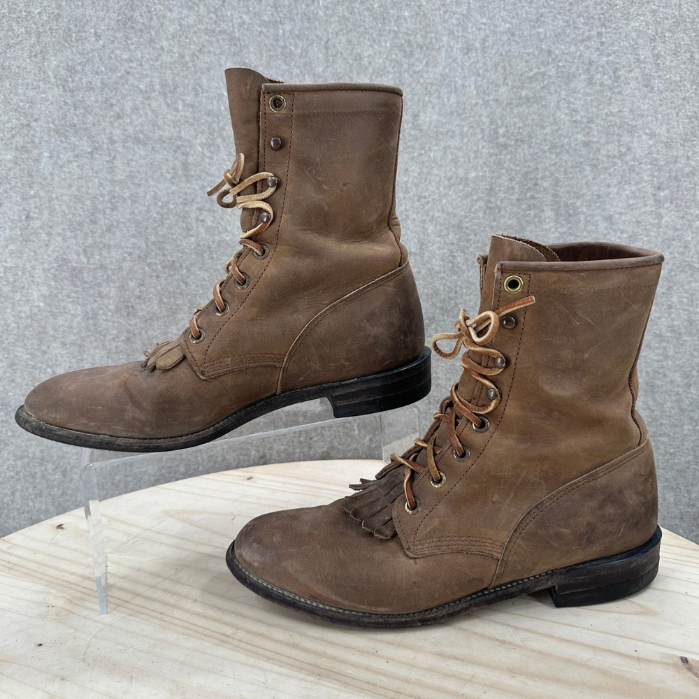 VTG Justin Diamond J Western Boots Women 7 Brown Leather Kiltie Lace Up